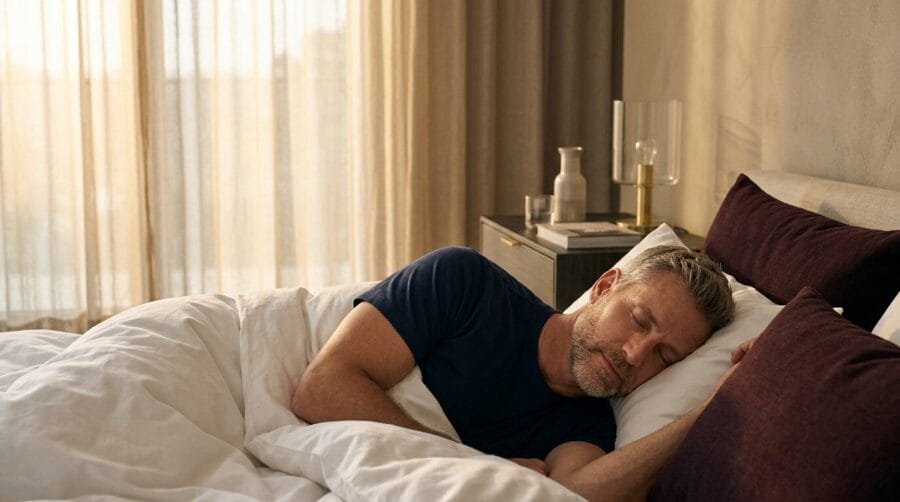 Man sleeping peacefully through the night after using Titan Flow Prostate for better urinary health