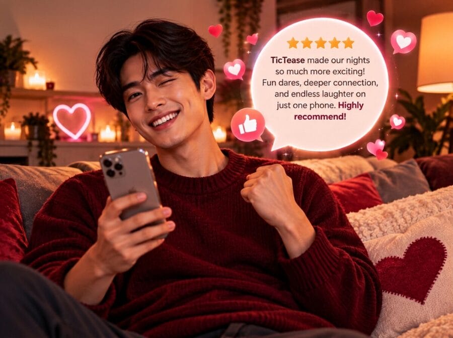 Satisfied user leaving a five-star review of TicTease, the pass-and-play couples game played on one phone
