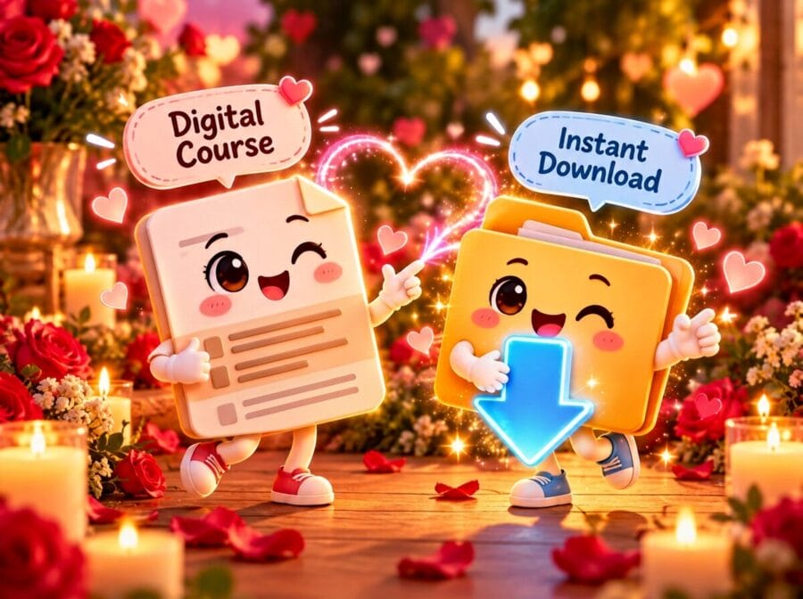 Cartoon course file and download folder among roses and candles, showing the program's instant digital access