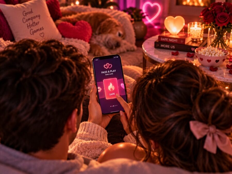 TicTease app interface showing pass-and-play dare game for couples on a single phone